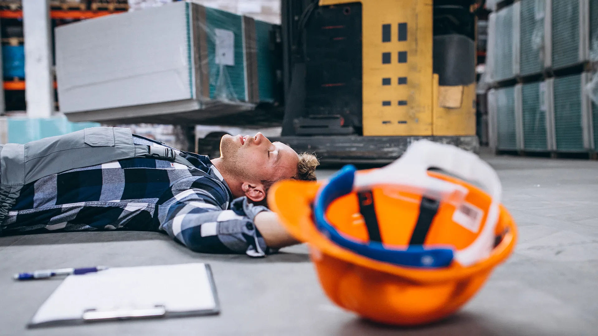 Operaio con caschetto e dispositivi di protezione in cantiere