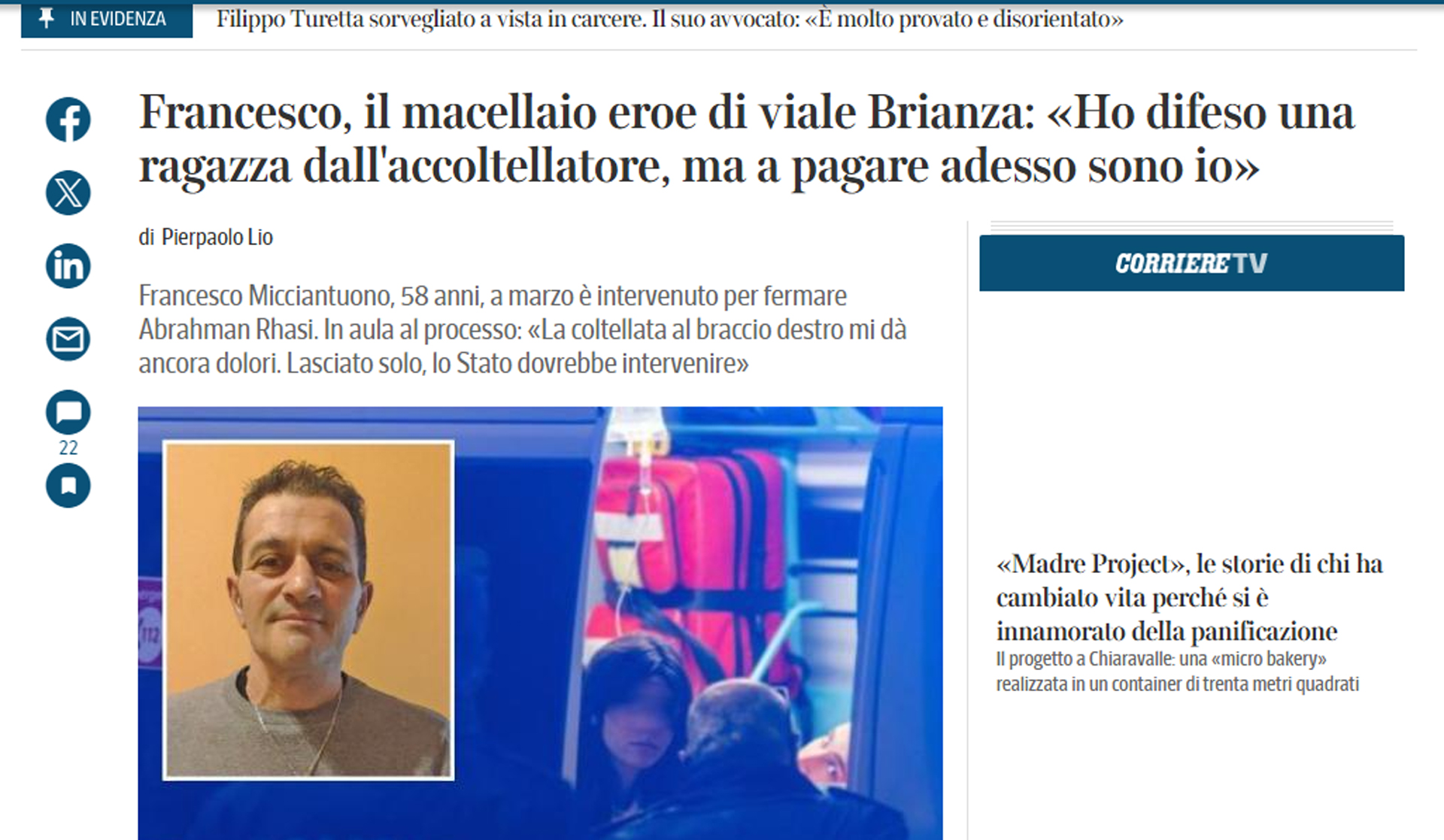 Il macellaio eroe salvò una giovane dalle violenze. Musicco: "Abbandonato dallo Stato"